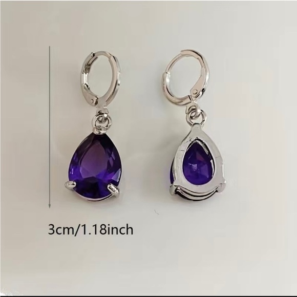 Earrings Purple Zirconia Tear Drop Shaped Dangle Pierced Elegant Faux Amethyst - Picture 3 of 3